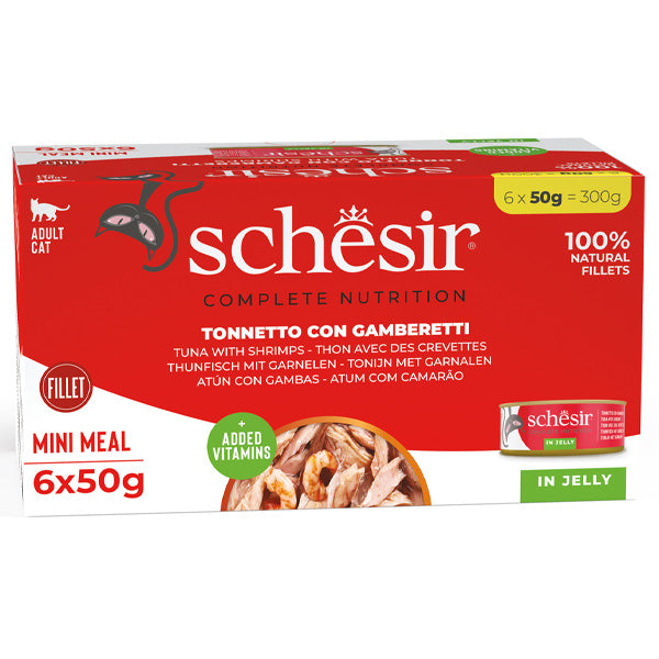 Schesir - Complete Nutrition Per Gatti Adulti Filetti in Gelatina Tonnetto Con Gamberetti Filetti Multipack