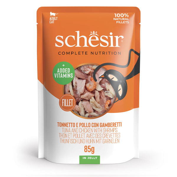 Schesir - Complete Nutrition Per Gatti Adulti Filetti in Gelatina Tonnetto Con Pollo e Gamberetti