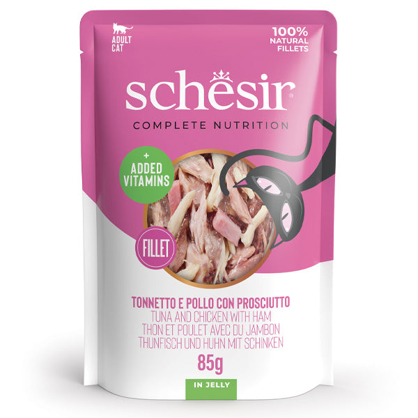 Schesir - Complete Nutrition Per Gatti Adulti Filetti in Gelatina Tonnetto Con Pollo e Prosciutto