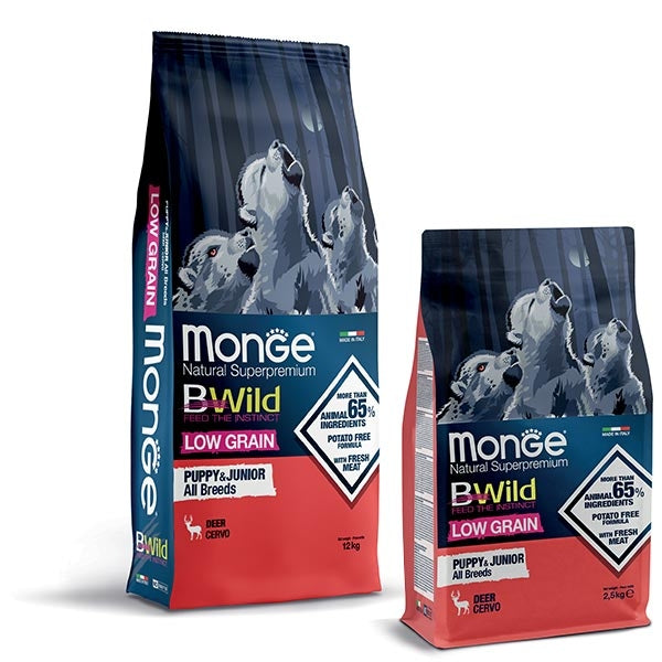 Monge - BWild Low Grain Puppy & Junior All Breeds con Cervo