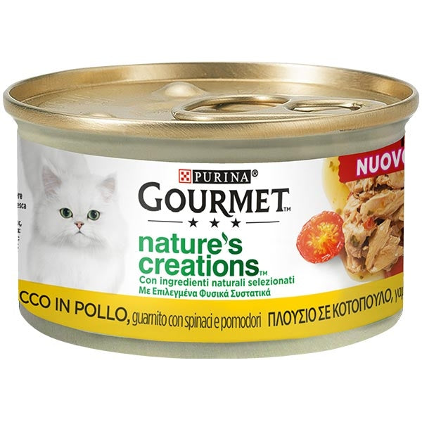 Purina - Gourmet Nature's Creations, Ricco in Pollo, Guarnito con Spinaci e Pomodori