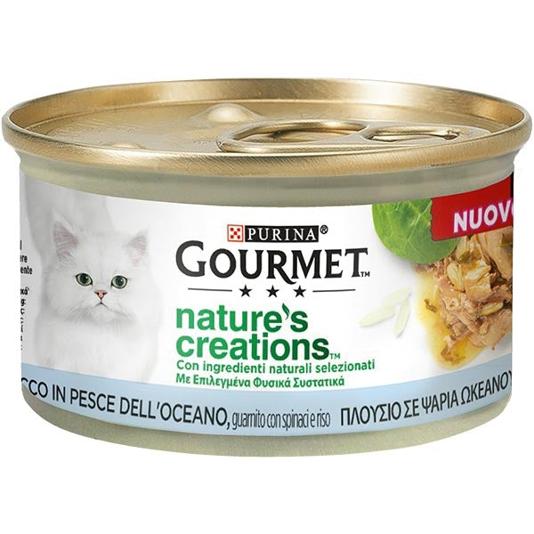 Purina - Gourmet Nature's Creations, Ricco in Pesce dell'Oceano, Guarnito con Spinaci e Riso
