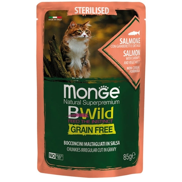 Monge - BWild Grain Free Bocconcini maltagliati in salsa Salmone con Gamberetti e Ortaggi – Sterilised