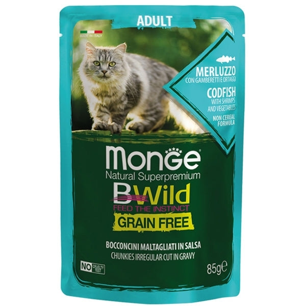 Monge - BWild Grain Free Bocconcini maltagliati in salsa di Merluzzo con Gamberetti e Ortaggi