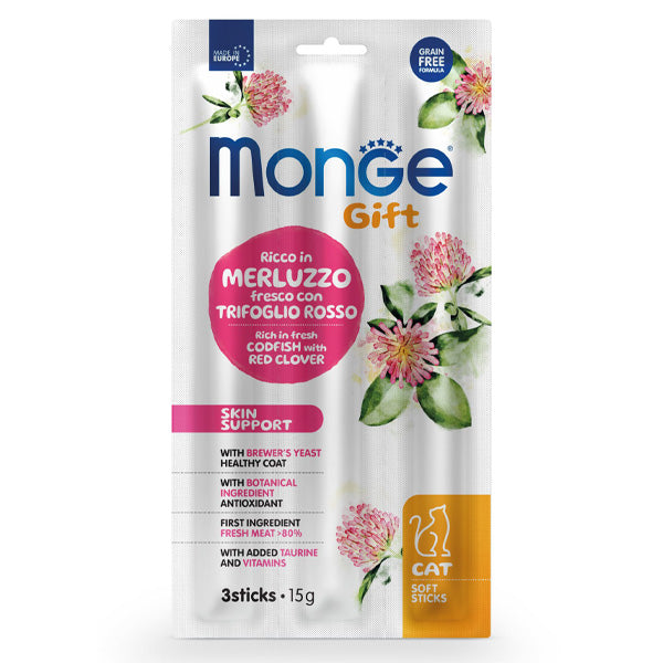 Monge - Snack Gift Adult Soft Sticks Skin Support Ricco in Merluzzo Fresco con Trifoglio Rosso