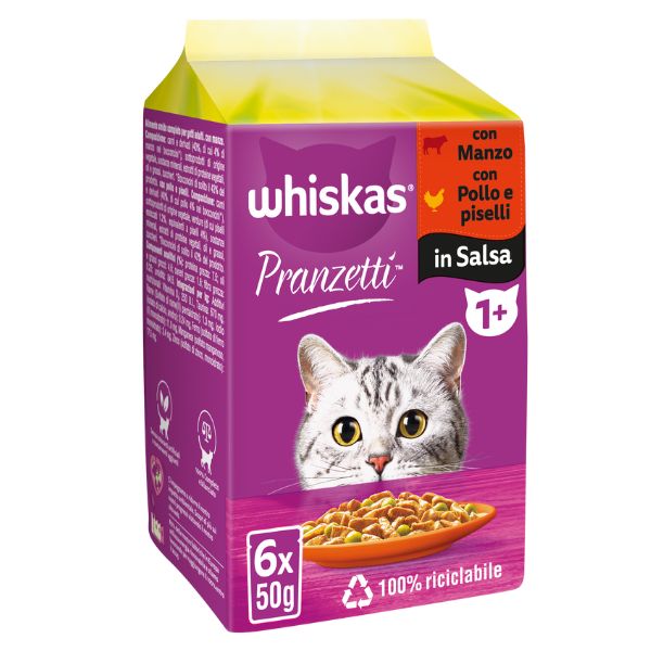 Whiskas - Pranzetti 1+ Carni E Verdure In Salsa Con Manzo , Pollo e Piselli