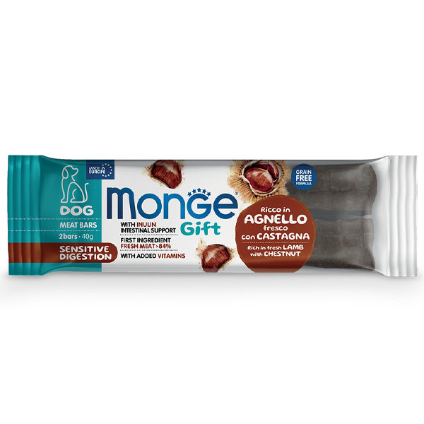 Monge - Snack Dog Meat Bars Adult Sensitive Sensitive Digestion Ricco in Agnello Fresco con Castagne