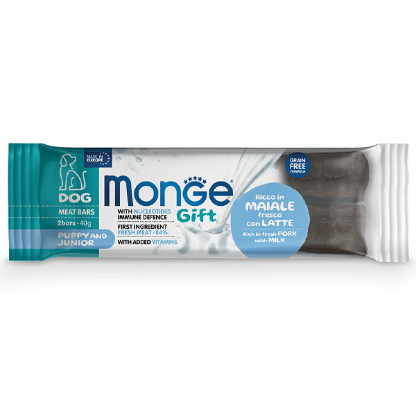 Monge - Snack Dog Meat Bars Puppy & Junior Accrescimento Ricco in Maiale Fresco con Latte