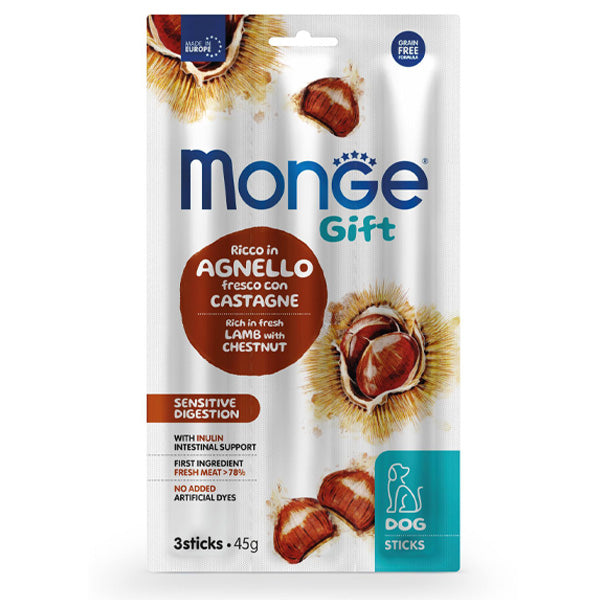 Monge - Snack Dog Sticks Adult Sensitive Digestion Ricco in Agnello Fresco con Castagne