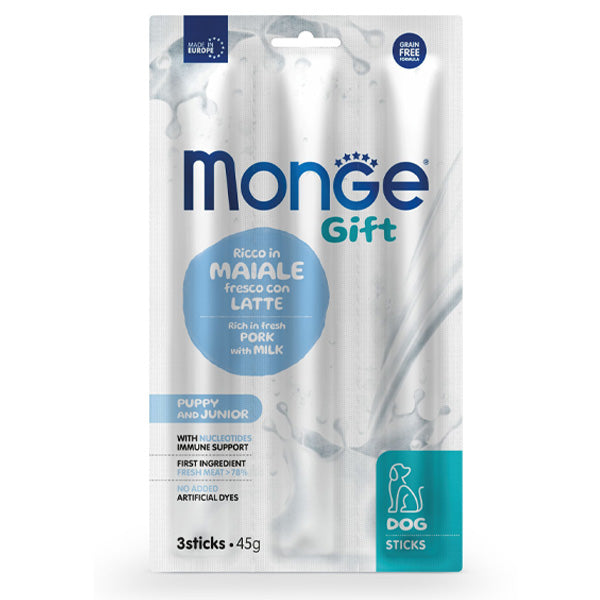 Monge - Snack Dog Sticks Puppy & Junior Accrescimento Ricco in Maiale Fresco con Latte