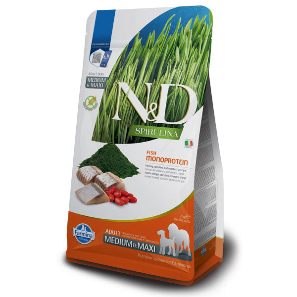 Farmina - Natural & Delicious Spirulina Adult Medium & Maxi con Aringa, Spirulina e Bacche di Goji