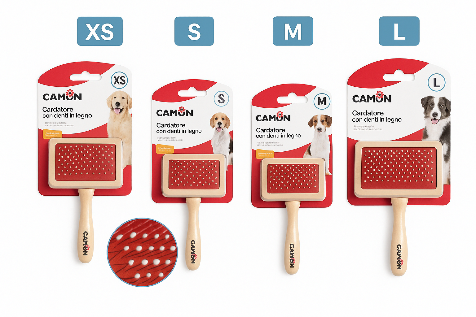 Camon - Cardatore con Manico in Legno, Denti in Acciaio e Punte Arrotondate