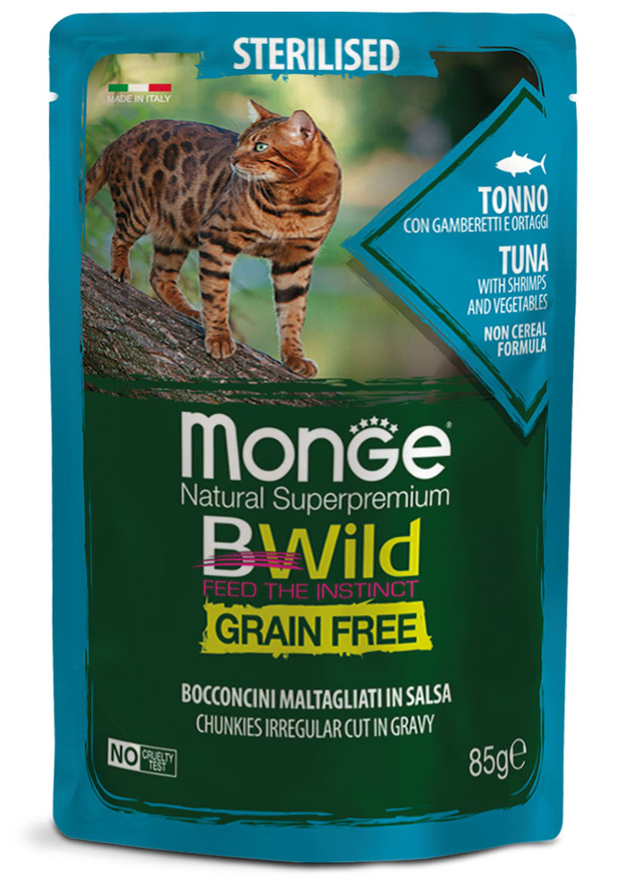 Monge - BWild Grain Free Bocconcini maltagliati in salsa di Tonno con Gamberetti e Ortaggi – Sterilised